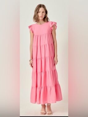 English Factory Tiered Maxi Dress Pink Ruffle Sleeve Pockets Size S